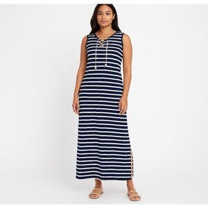 Womens Summer Boho Maxi Dress Tribal femme Size XS Navy Stripe Gold Tie Tassel